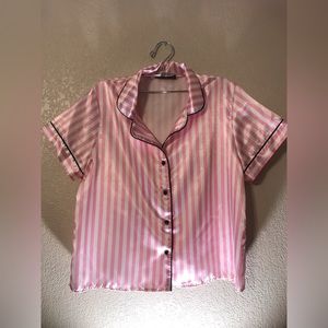 Pink and white striped pajama set